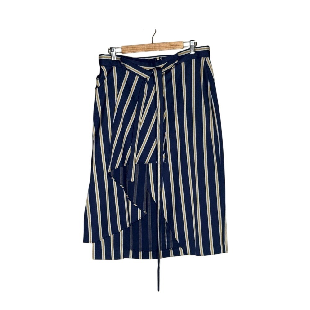 BCBGMAXAZRIA Striped Faux Wrap Midi Skirt Belted Navy Size Large
